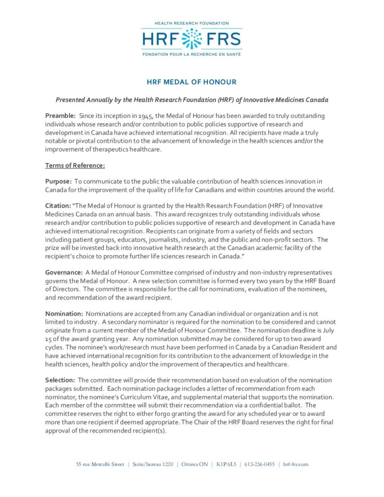 HRF Medal of Honour Terms of Reference (EN) Cover Image