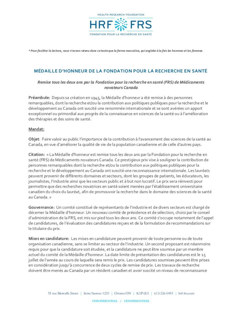 HRF Medal of Honour Terms of Reference (FR) Cover Image